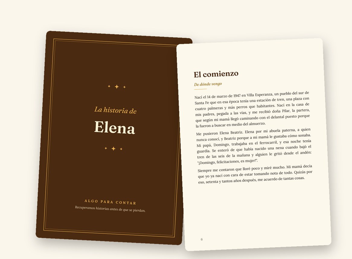 Así queda tu libro digital: la tapa y una página de un libro de ejemplo, «La historia de Elena», en la pantalla de una computadora
